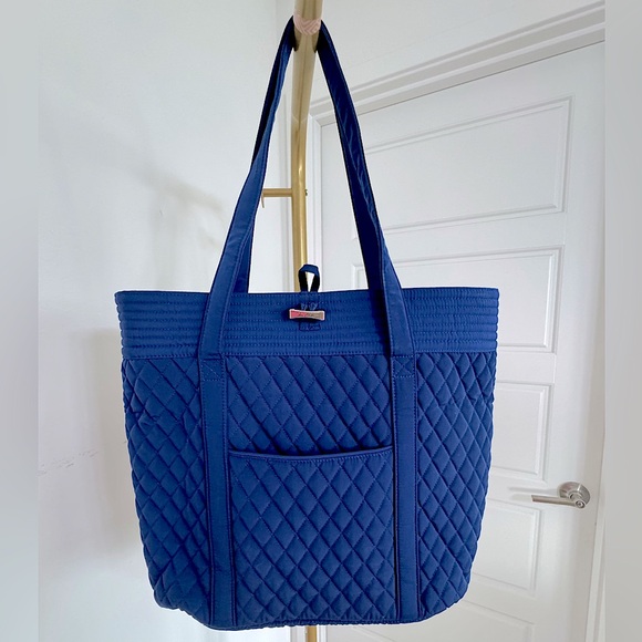 Large Quilted Tote Handbag Bag Navy Blue Hook and Loop Closure Preppy Travel - Picture 1 of 6
